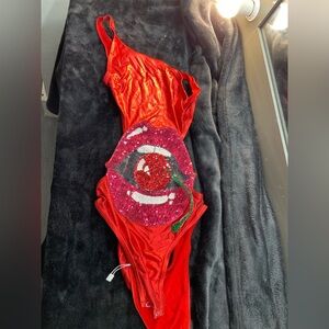 Red Sequin Lip Design Bodysuit